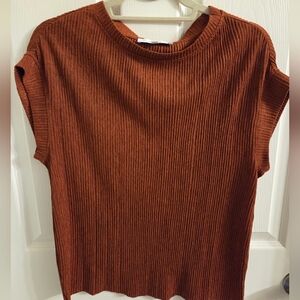 Rust Ribbed Scoop Neck Short Sleeve Top